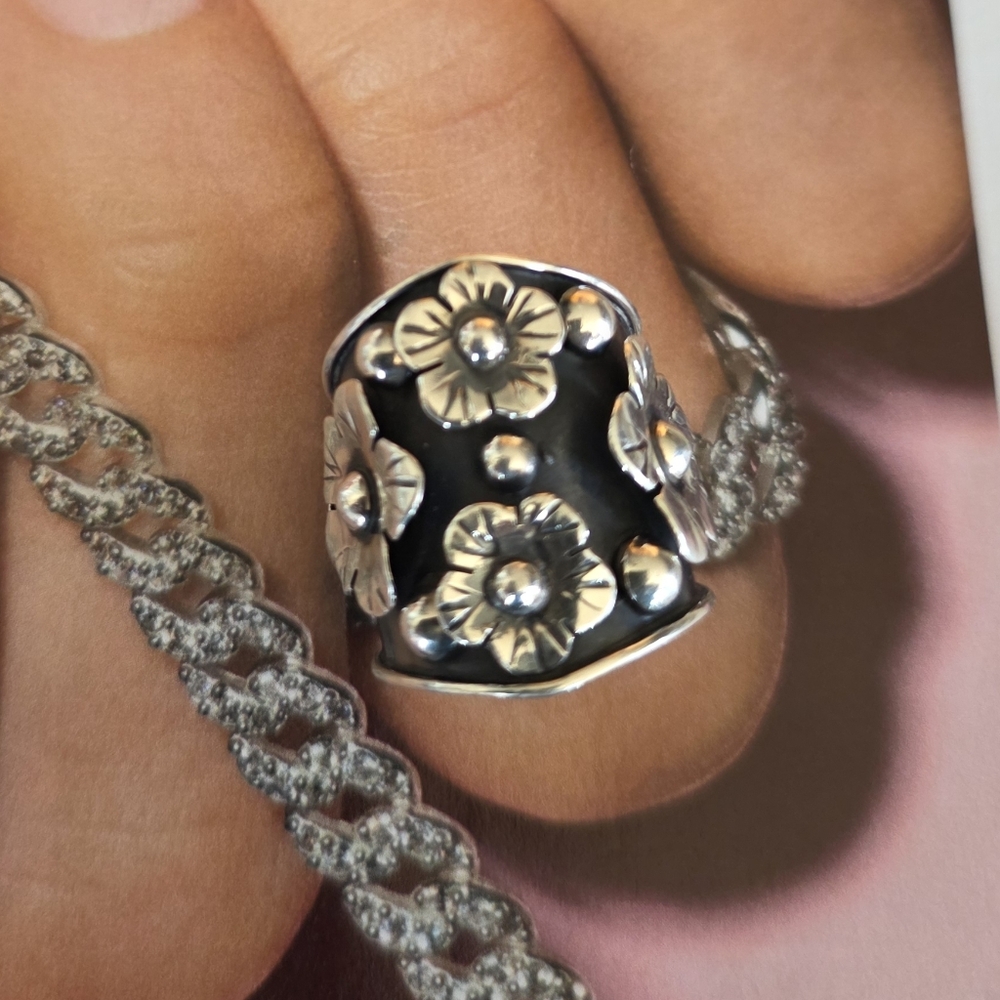 Floral Taxco Sterling Silver Ring Adjustable Fits Size 7-8